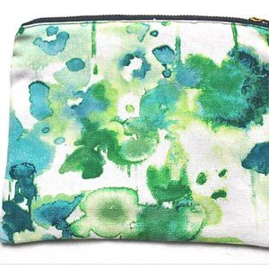 ALL PURPOSE POUCH handmade green white watercolor print 8 x 6 zipper cosmetic